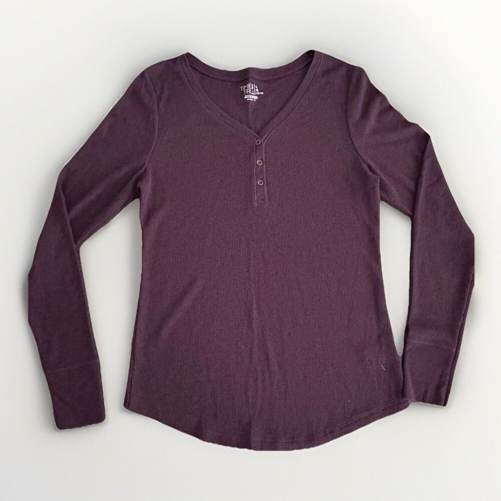 Y2K Vintage L Dark Purple Waffle Knit Bella Swan Henley Elena Gilbert‎ Layering